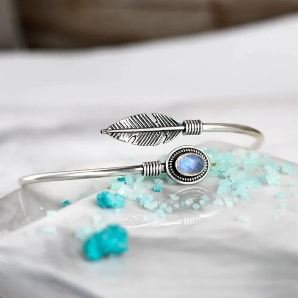 Vintage Style Moonstone Feather Bracelet